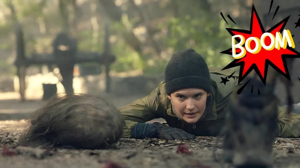 A woman uses zombies to test the power of a cannon, thereby eliminating hostile threats.