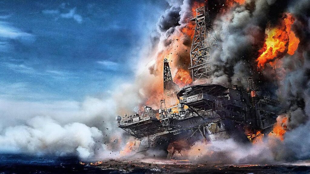 Chaos unfolds as crude oil ignites, turning the massive rig into a fiery steel volcano at sea